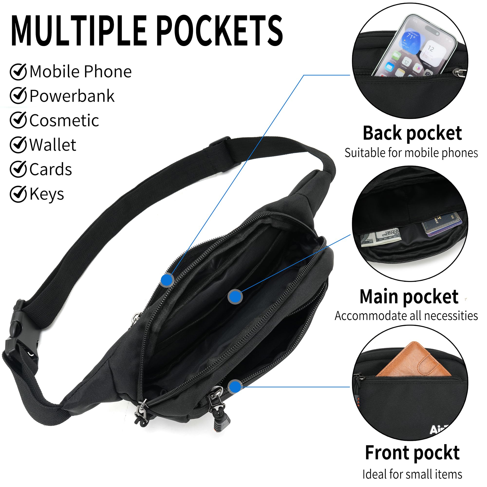 AirZyx Bumbags and Fanny Packs for Women Men for Hiking Running (Black) - Image 2