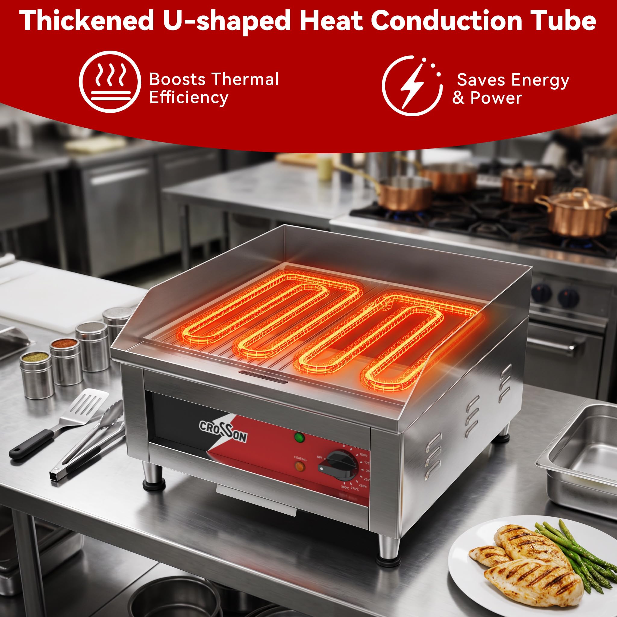 CROSSON Plancha Eléctrica Comercial 2500W, Plancha Eléctrica Cocinar Profesional de Fundición de 10mm de Espesor Anti-adhesivo 40x40 cm,Temperatura de 88-300 °C,para Restaurante,Cocinas