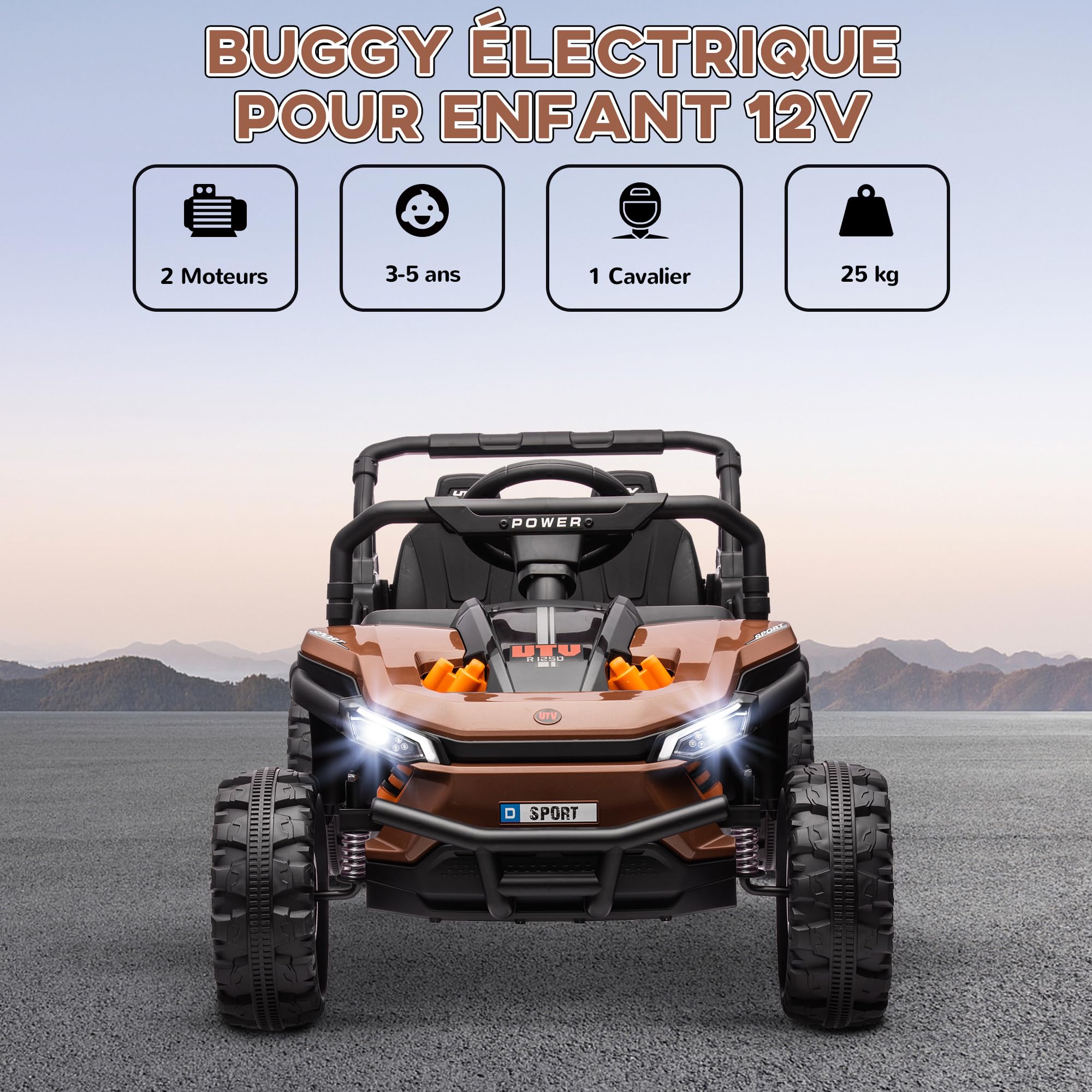 AIYAPLAY Voiture Électrique Enfant UTV Buggy Électrique Enfant Marron | Télécommande 2.4Ghz, 2 Moteurs 12 V, 2 Vitesses, Musique, Klaxon, Lumières, 3-5 Ans