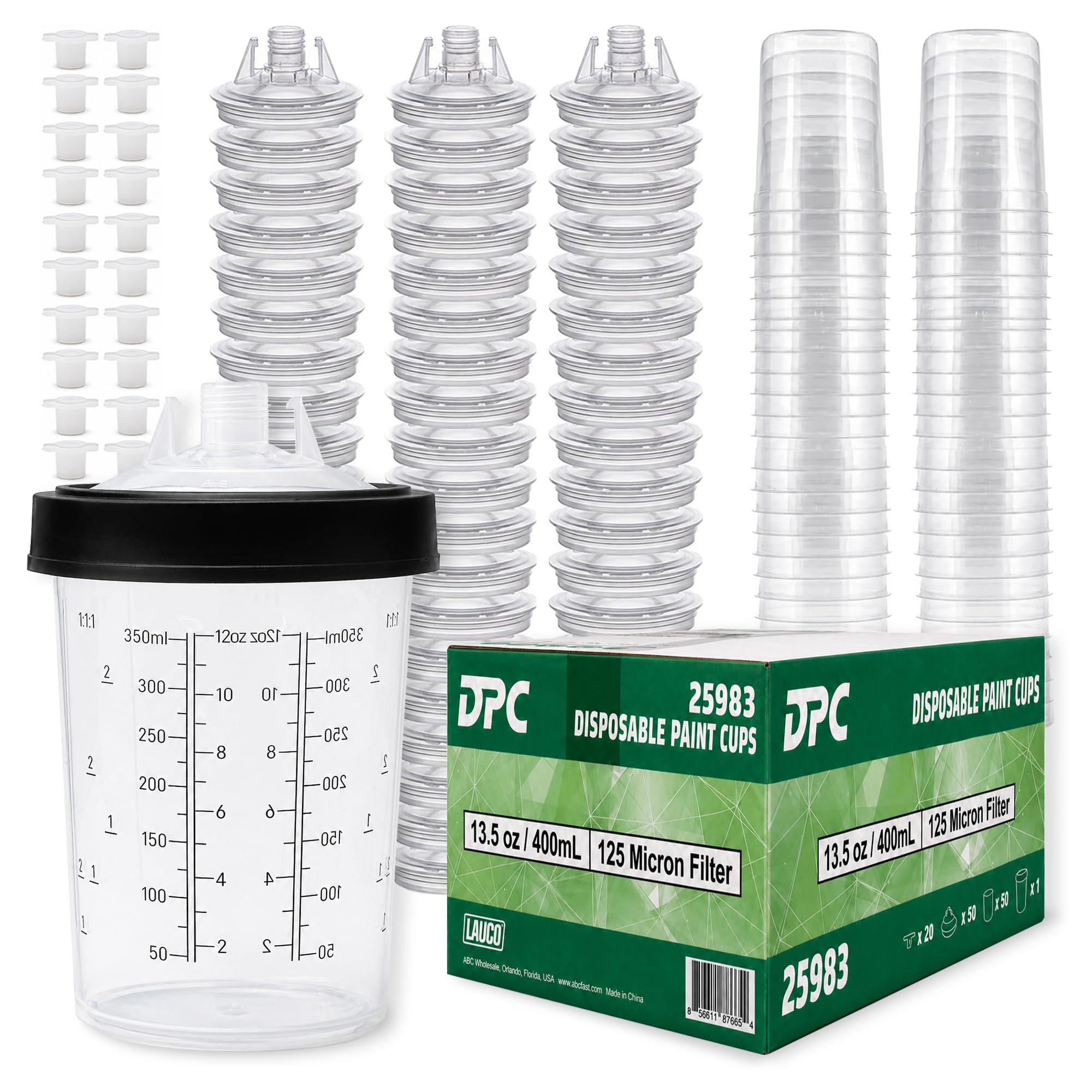 LAUCO Disposable Spray Gun Paint Cups Kit – 50 Pack Liners &amp; Lids with 125 Micron Strainer, Hard Cup, Retainer Ring &amp; Plugs (400ml/13.5oz Kit) 25983