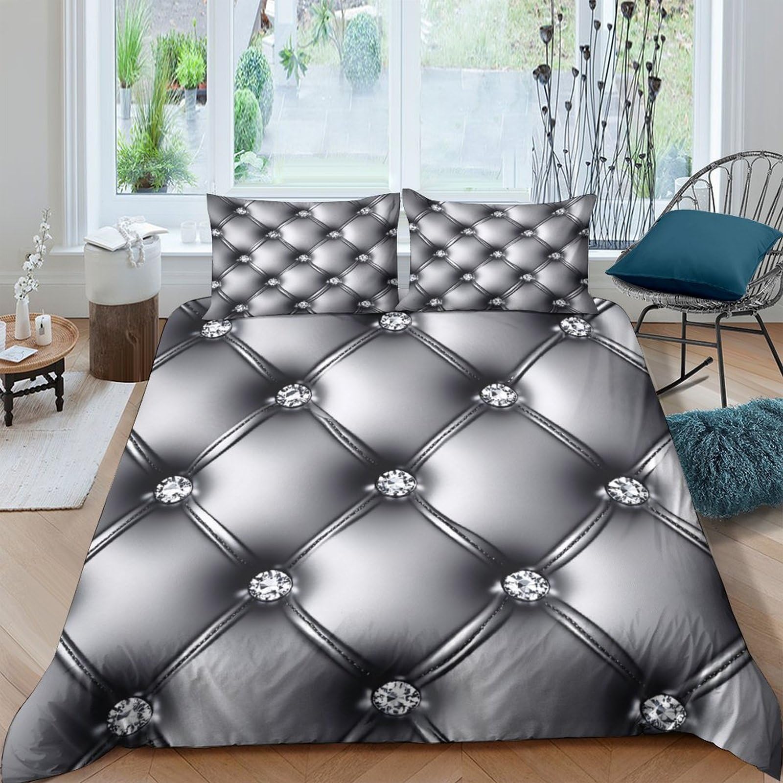 Ctjqhvkz Style-7 3D Printed Diamond Buttoned Fitted Sheet Microfiber Soft Grey Tufted Bed Cover For Bedroom Guestroom Mattress Protection Single（135X200cm）