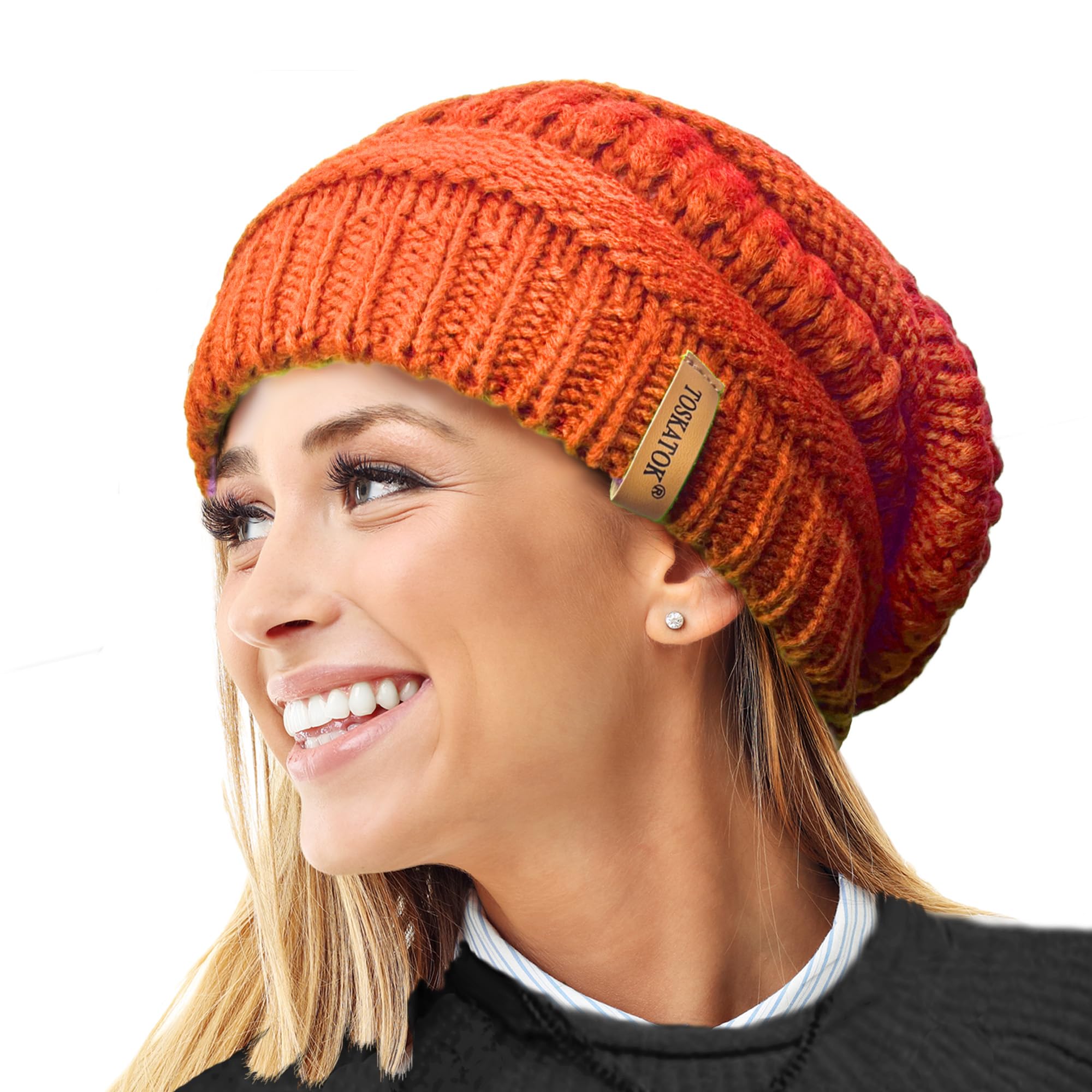 Toskatok Women's Orange Warm Slouch Knit Winter Beanie Hat With Supersoft Velour Thermal Lining Ski Cap
