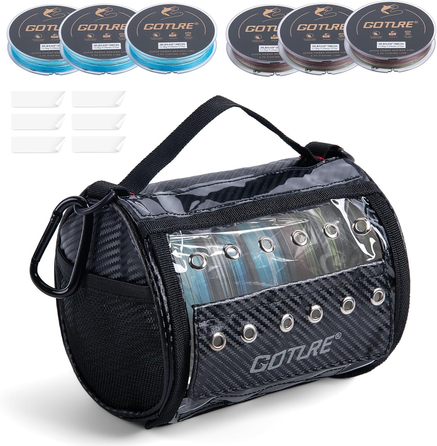 Goture 3/6 Outlet Holes Fishing Line Storage Bag, 2 Sizes Clear View Window Fishing Line Case, Removable Divider Fishing Line Organizer, Water-Resistant Surface, Tangle-Free Leader Line Spool Bag