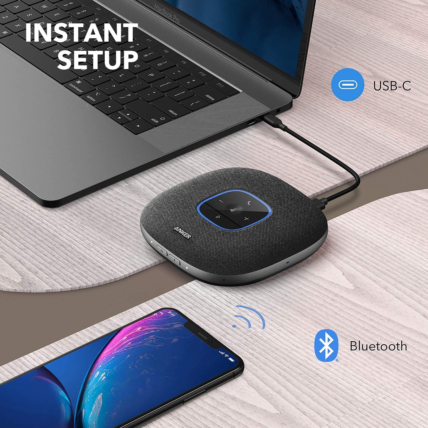 Anker PowerConf S3 głośnik konferencyjny(odnowiony), 6 mikrofonów, inteligentne nagrywanie dźwięku, akumulator 24 godziny, aplikacja Soundcore, Bluetooth 5, USB-C, do biura i biura domowego