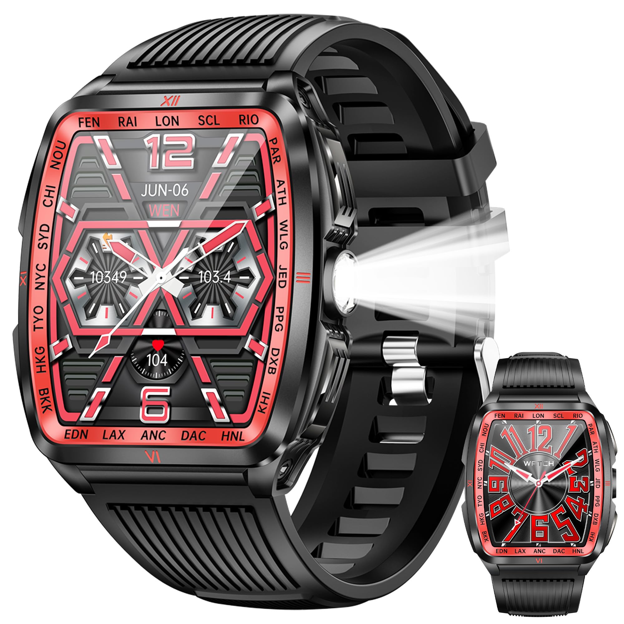 PAKRYS Military Smart Watch for Men with 1.8'' HD Barrel Screen Strong LED Flashlight, 50M Waterproof, 400mAh Rugged Smartwatch Fitness Tracker Heart Rate Sleep Monitor for iOS Android (Red Black)