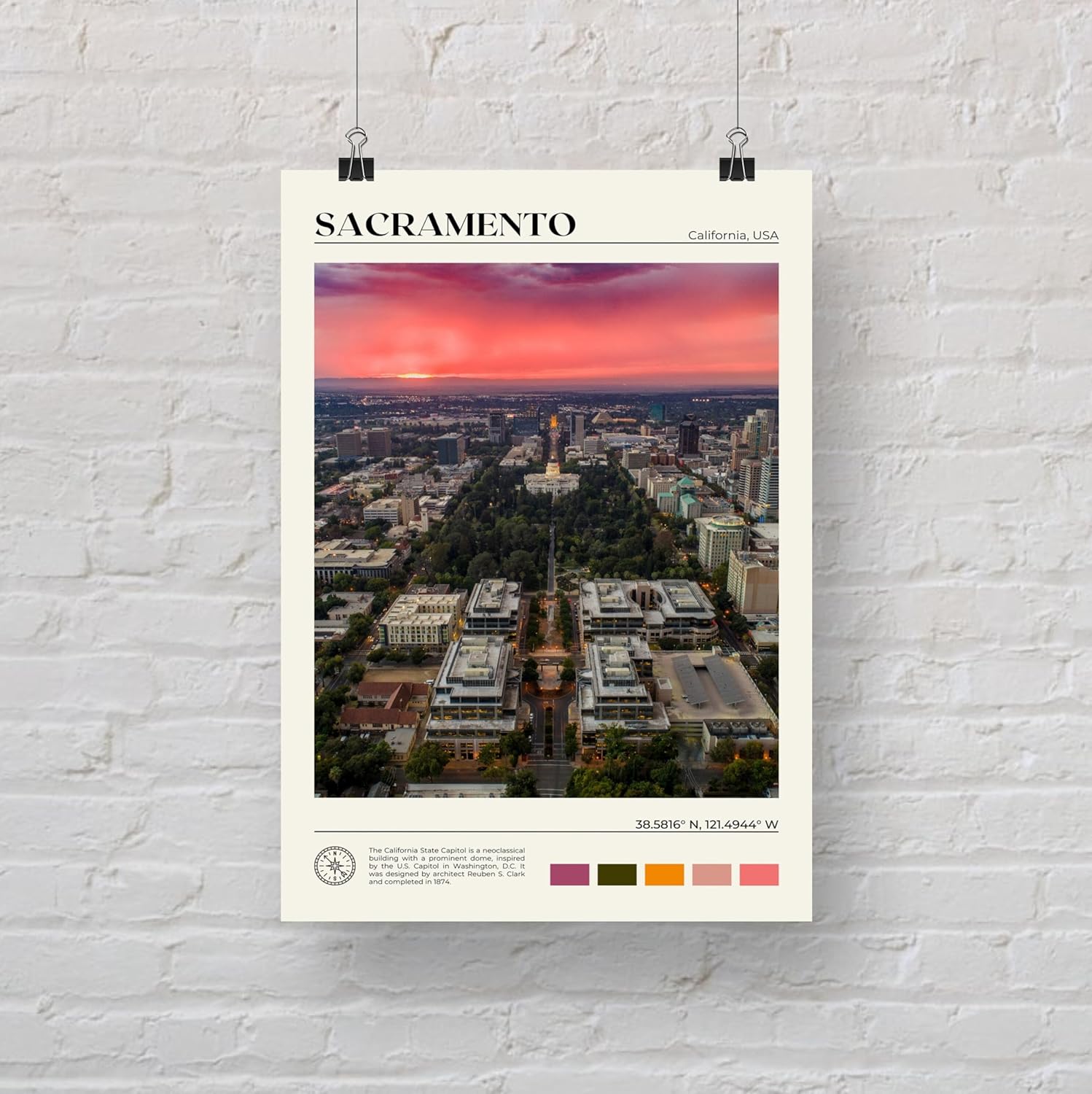 StudioUBILA Sacramento Wall Art Poster, Decorative Cityscape Landscape Art Prints, Home Decor Wall Art Print for Bedroom Living Room Kitchen Decorations, Unframed 8L" x 10W"
