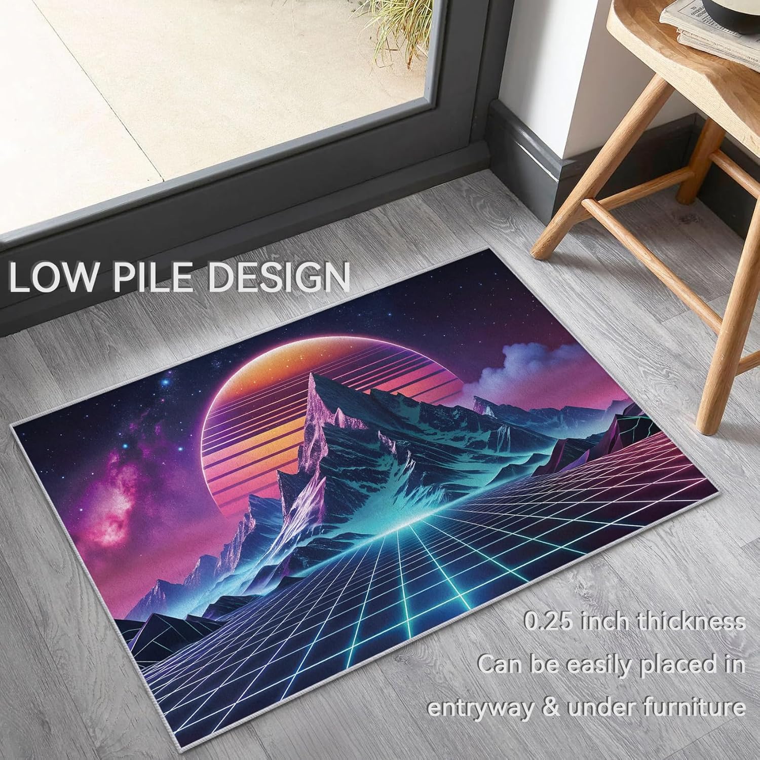 Vaporwave Aesthetic Rugs for Entryway - Washable Neon Rugs for Indoor Entrance - 2x3 ft - Retro Synthwave Design Small Door Mat & Home Decor - Sci-Fi Horizon Area Rug with Non Slip Backing