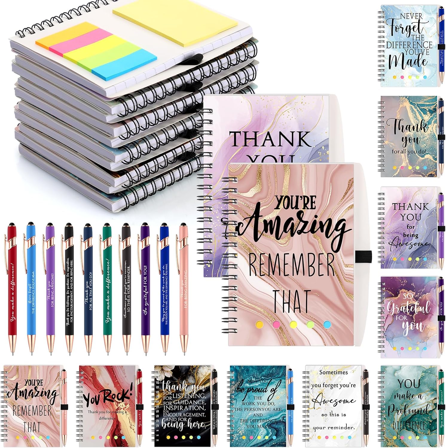 Zhanmai 20 Set Employee Appreciation Gift Marble Sign Inspirational Spiral Notebook with Motivational Ballpoint Pen Thank You Gift Screen Touch for Teacher Coworker Nurse Assistant Staff Social Worker