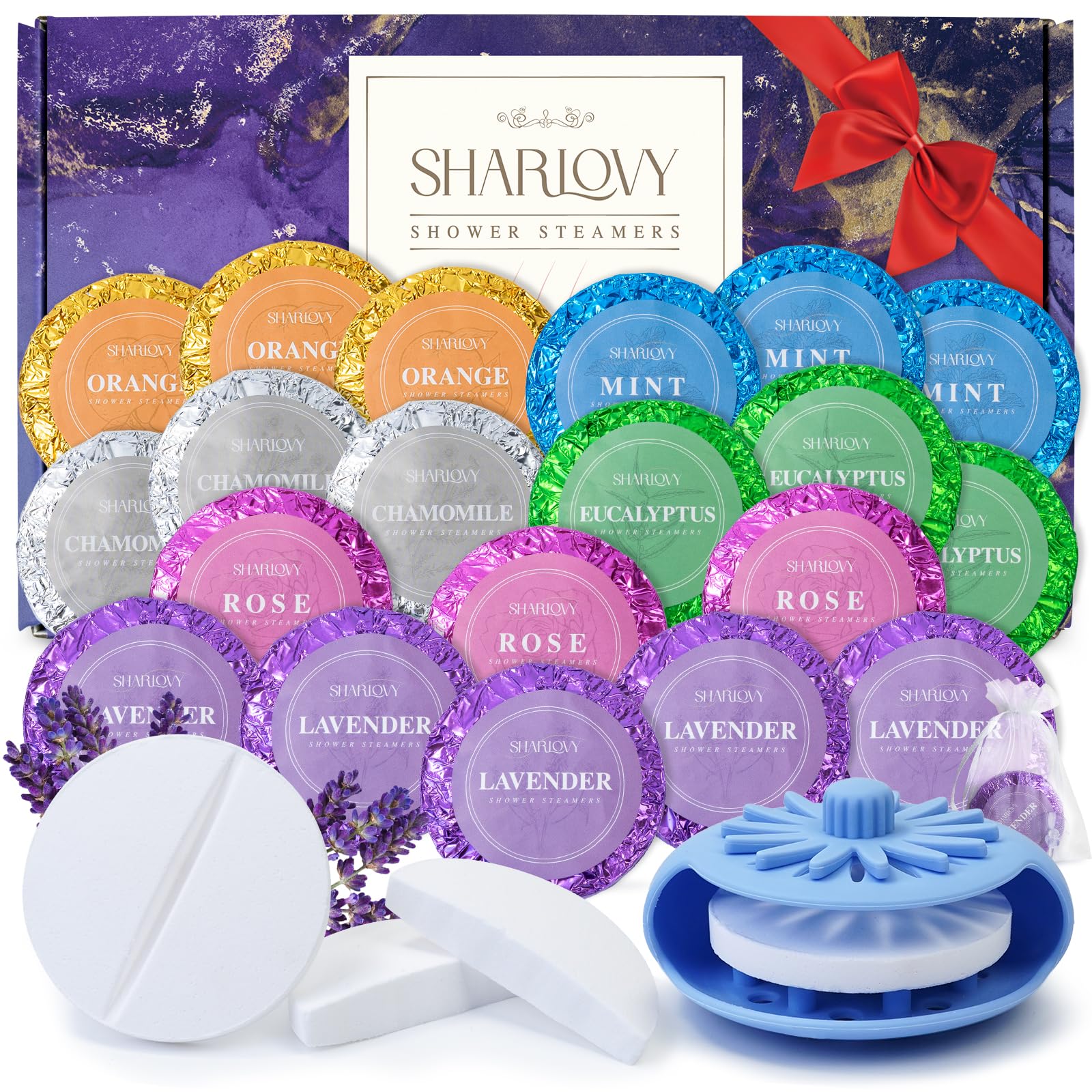 Shower Steamers Aromatherapy Set 20 Pcs with Shower Steamer Holder, Organic Shower Steamers Relaxing Gifts for Women, Energy Restoring, Stress Relief Shower Steamer, Luxury Self Care Gifts for Women