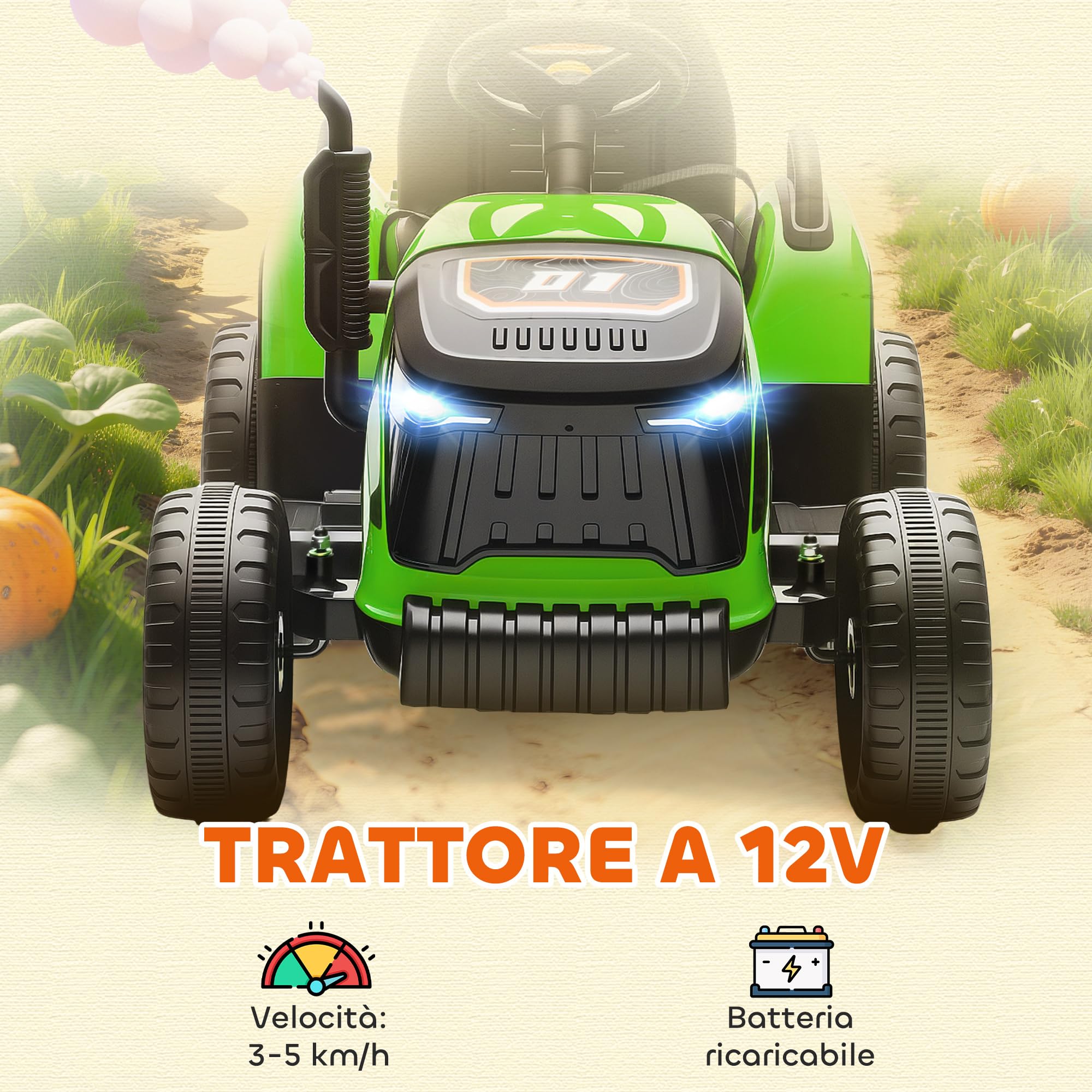 AIYAPLAY 2 in 1 Trattore Elettrico per Bambini 3-8 Anni 12V con Rimorchio Staccabile, Auto Elettrica Cavalcabile per Bambini con Telecomando, Cintura di Sicurezza, Musica, Luci LED e Clacson, Verde