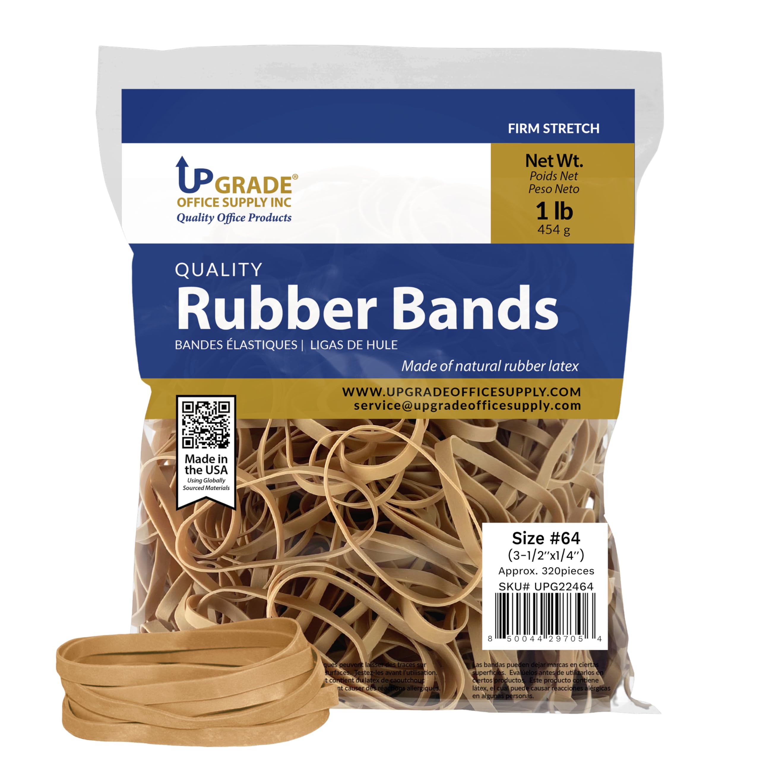Upgrade Office Supply UPG22464 Rubber Bands, Size #64 (3-1/2 in x 1/4 in), 320 Bands, 1 lb Bag, USA