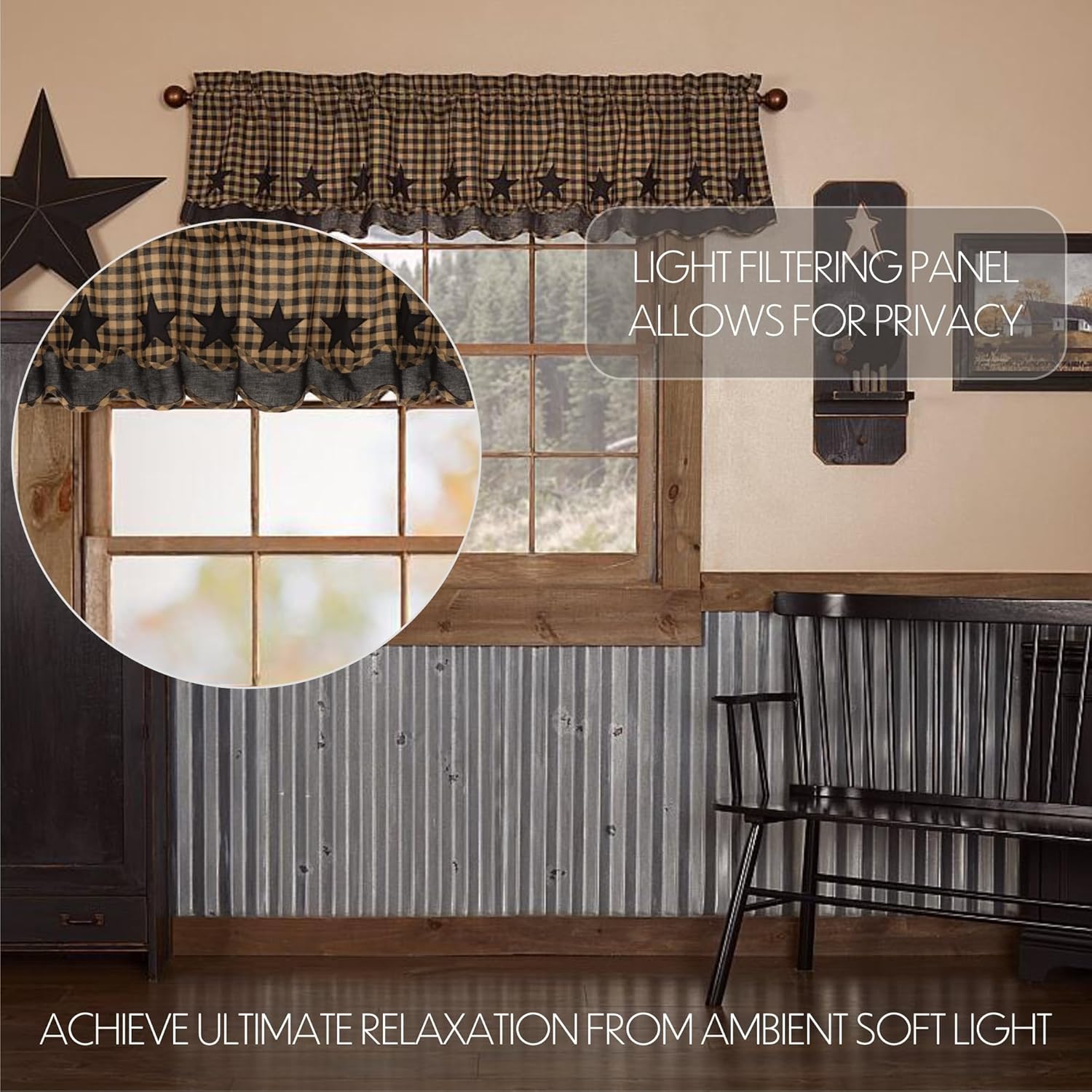 VHC Brands, Black Star, Cotton, 16x72, Scalloped Layered Valance, Black