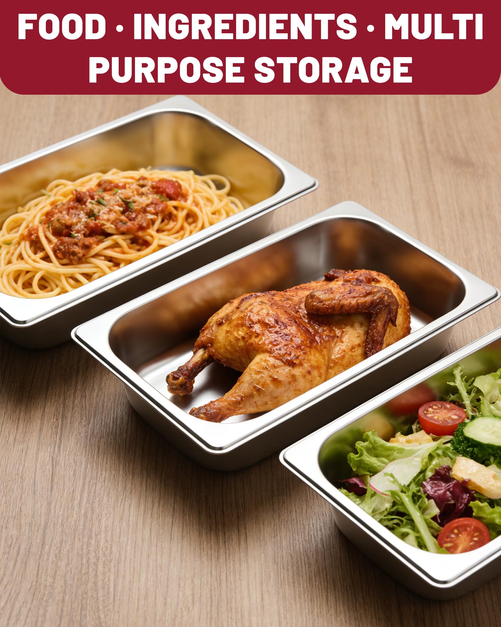 Set 3 Ciotole per Impanare in Acciaio Inox GN 1/3 con Coperchio Contenitori Rettangolari per Carne Cotoletta e Preparazioni in Cucina 32,5 x 17,5 x 6,5 cm