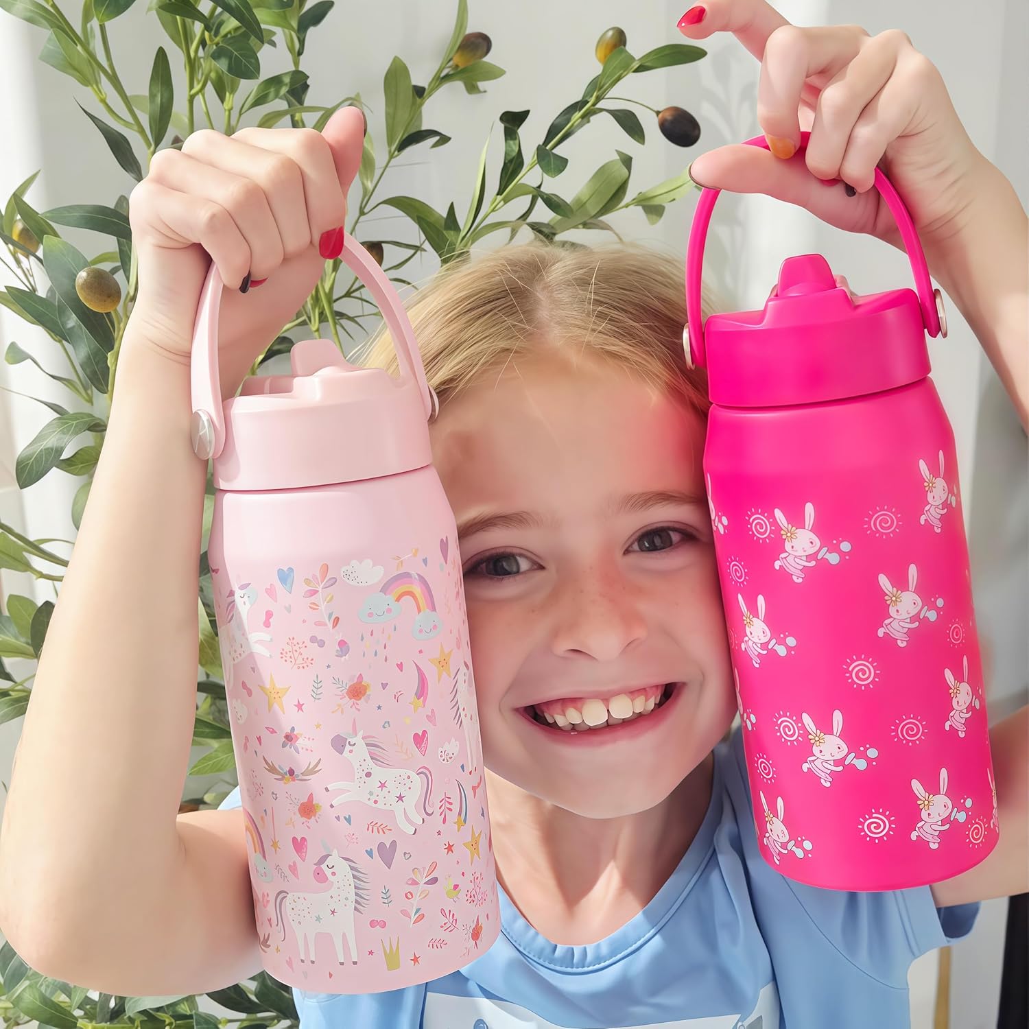 OLDLEY kids Water Bottle - 18oz Insulated Stainless Steel - Wide Straw Lid, Non Spill, Leakproof, Kids Water Bottle for School,Pink Bunny - Image 7