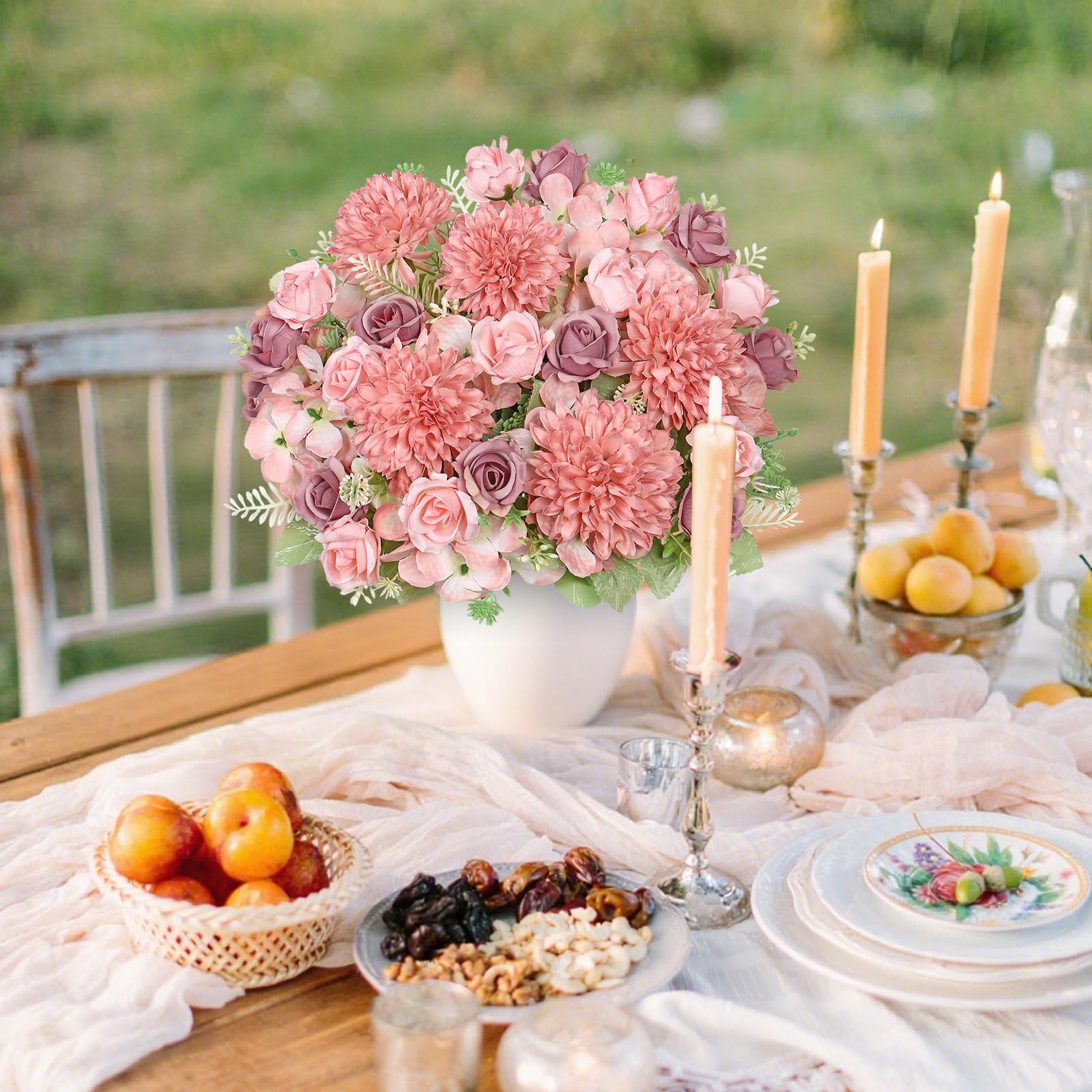 DEMIUKO 2 Bunches Artificial Flowers Pink Hydrangea Fake Roses Flowers Bouquet 12in Faux Silk Flowers Arrangement Indoor Floral Plants for Wedding Party Table Centerpieces Spring Home Vase Decor - Image 3