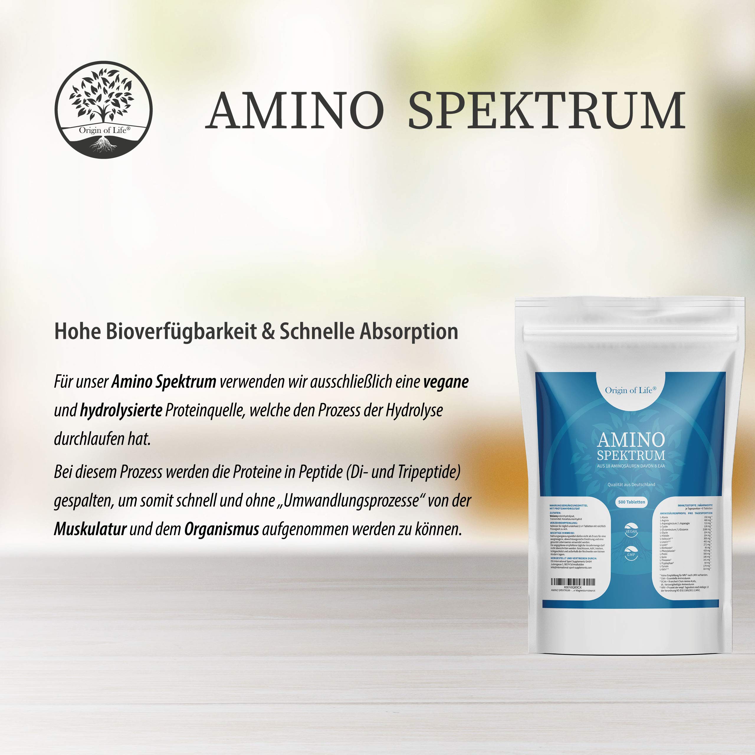 Amino Spektrum - 500 Tabletten a 1000mg - Hochdosiert & Vegan - Big Pack - 18 Aminosäuren inkl. 8 EAA´s & BCAA - Laborgeprüft - ohne Magnesiumstearat | Hochdosiert, laborgeprüft, ohne Magnesiumstearat, vegan
