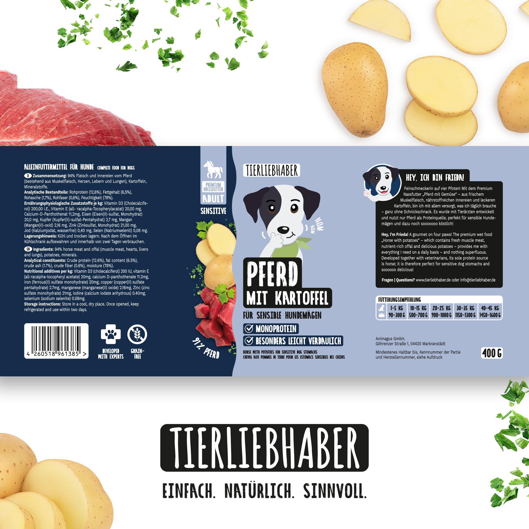 Hundefutter Nass 12x400g Pferd & Kartoffeln – Hunde Nassfutter Wet Dog Food | Tierärztlich entwickeltes Hundenassfutter 400g Dosen mit 94% Fleischanteil – Dog Food leicht verdaulich von TIERLIEBHABER