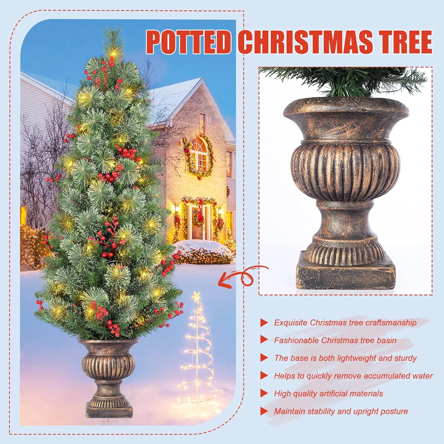 4ft Prelit Outdoor Christmas Tree with Timer Plug, Mixed Pine Potted Tree with 100 LED Lights and Red Berries, Weather-Resistant Front Door Porch Decor for Indoor Outdoor Holiday Use - Image 3