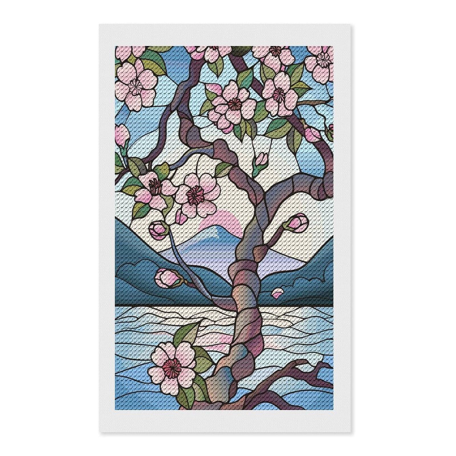 Junmoney Stained Glass Cherry Blossoms and Mountain Diamond Art Canvas 12"x20", for Adults, Printed Canvas, Home Wall Decor, Gift Idea, Mindful Craft Activity