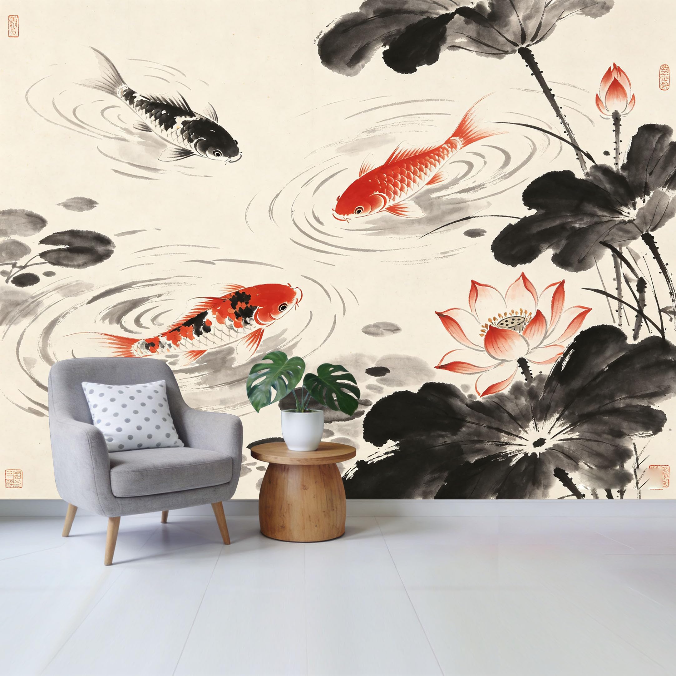Qzlithotic Yq2605250231 Custom Size Wall Mural Koi Fish Pond Ink Wash Painting Asian Botanical Style Selfadhesive Wall Fabric Removable Wallpaper For Home Office Decor