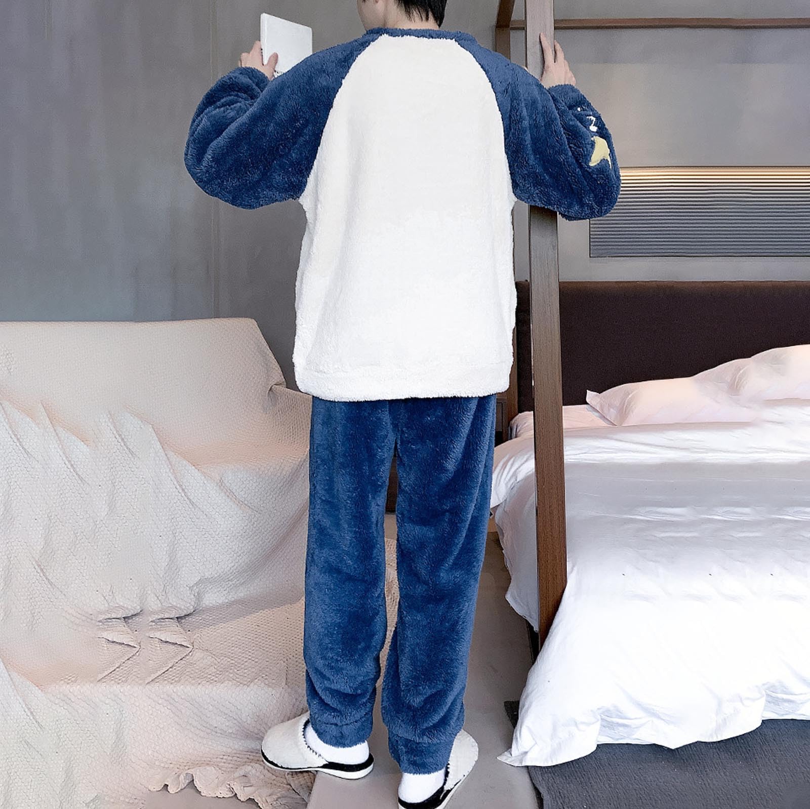 Generisch Pijama de franela para hombre, juego de pijama largo de invierno, conjunto de dos piezas, pijamas de forro polar, ropa de casa cálida, talla grande, camiseta de dormir + pantalones de pijama