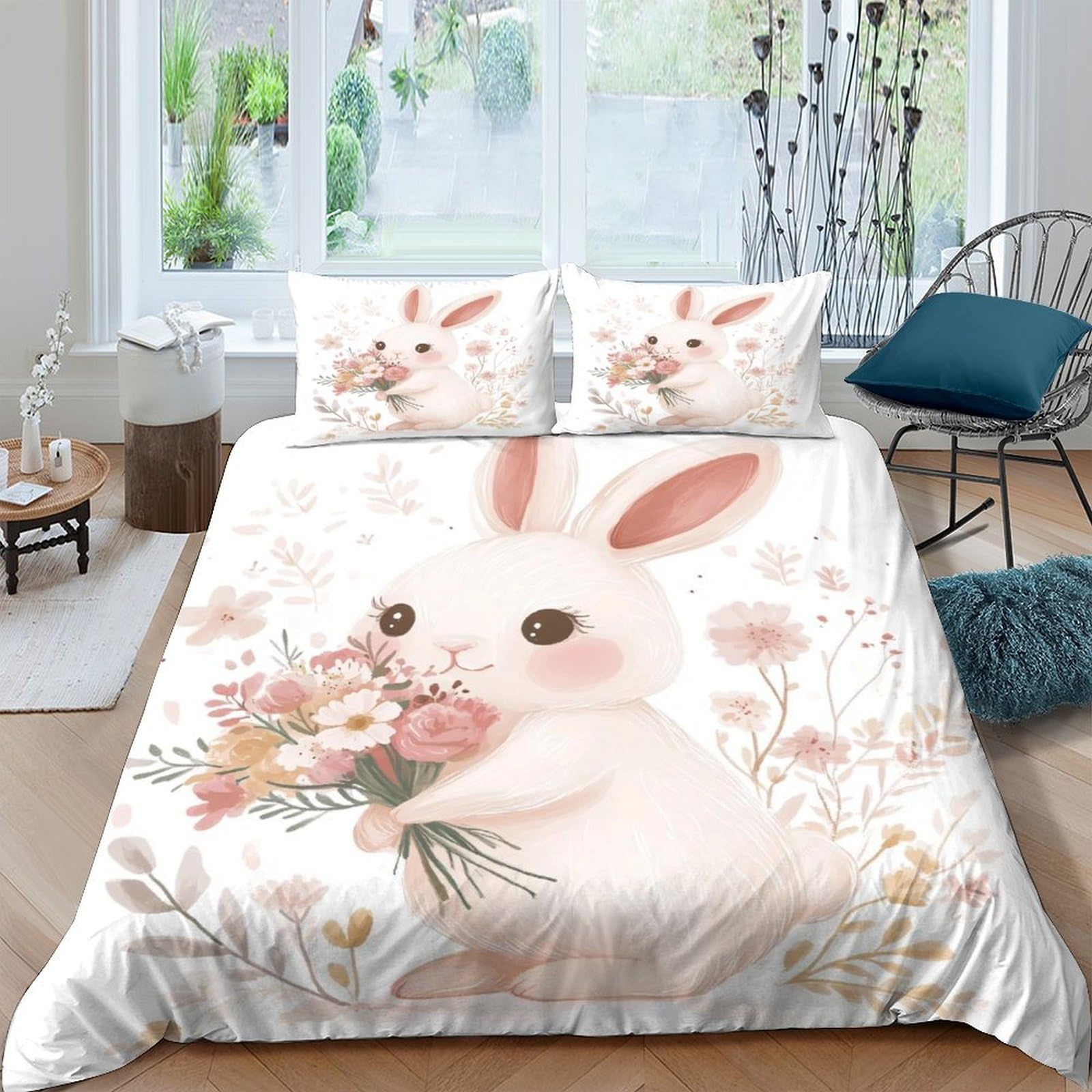 Ctjqhvkz Style-6 3D Printed Bunny Floral Fitted Sheet Microfiber Soft Pink Rabbit Bed Sheet For Bedroom Guest Room Mattress Cover Decor Single（135X200cm）