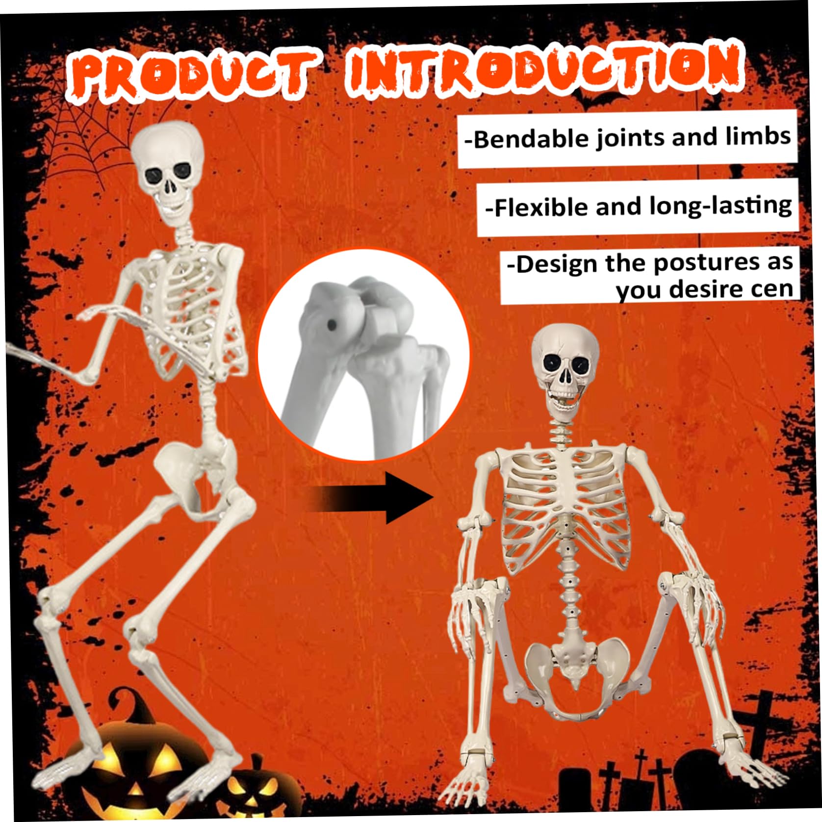 Esqueleto de Halloween, poseable de 5.5 pies, decoración de Patio