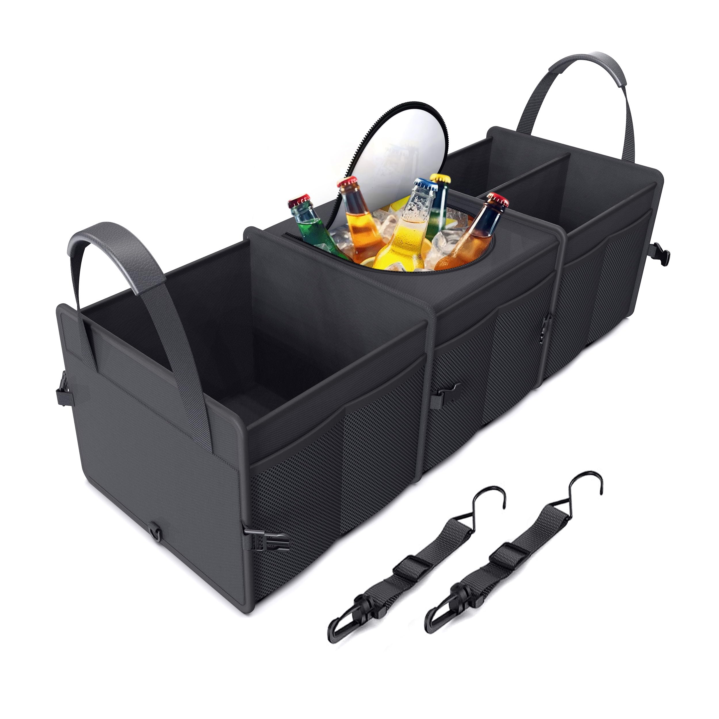 KYOOH Sturdy Large Volume Car Trunk Organizer for SUV with Premium Insulation Built-in Cooler, 3 Compartments Heavy Duty Collapsible Storage Organizer for Car, Truck, or Van