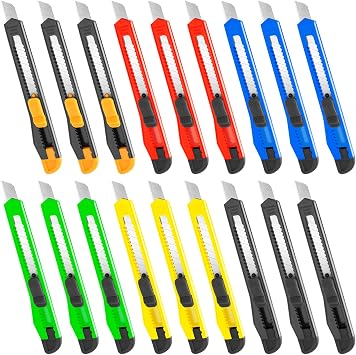 18 Pack Box Cutter Retractable, 9mm Razor Knife, Utility Knife | Snap-off blades, exacto knife and box opener for boxes, cartons, cardboard, paper, vinyl and rope for home, office and school