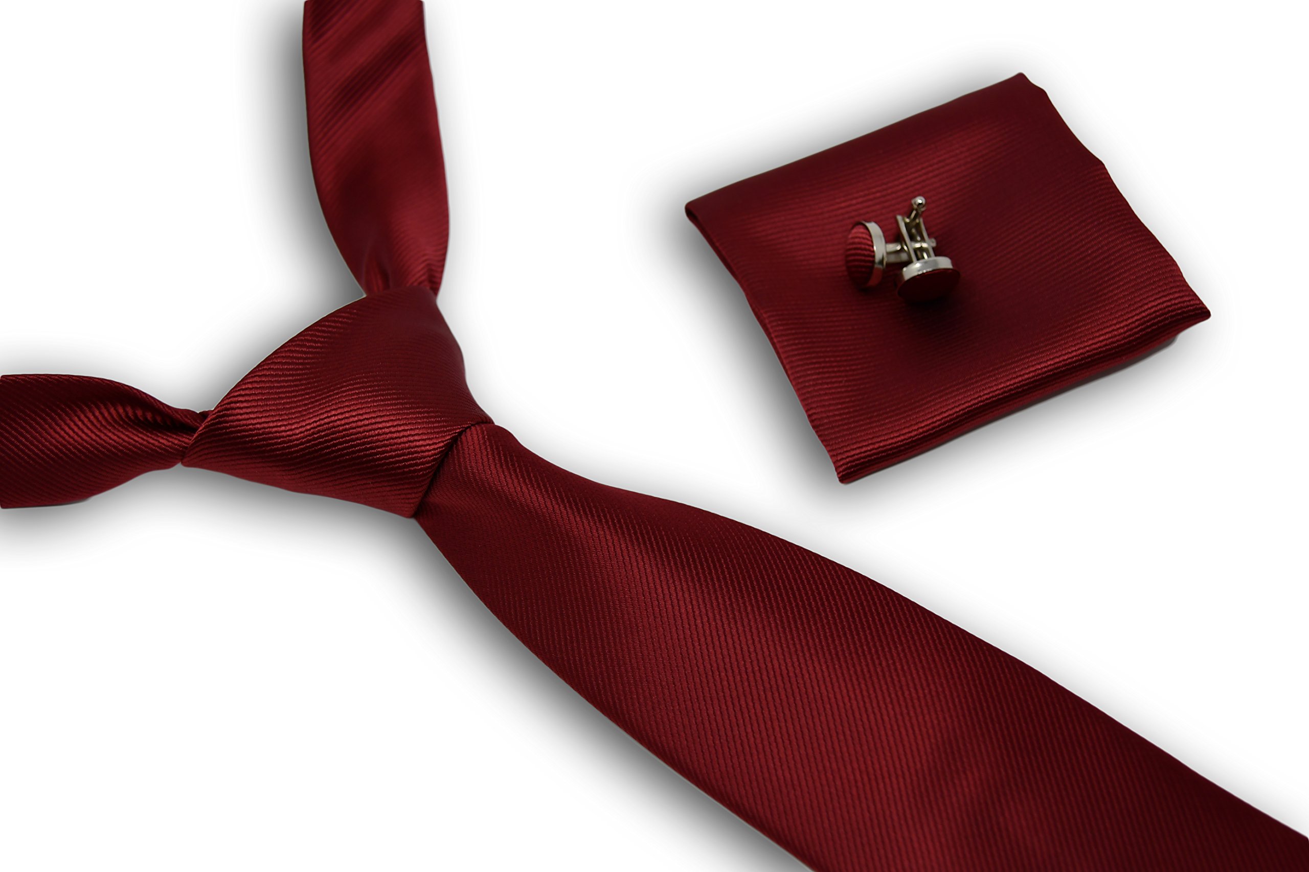 Sweet Leaf Cravatta da uomo, Fazzoletto da Taschino e Gemelli Rosso Scuro - 100% seta - Classico, Elegante e Moderno - (Confezione Regalo, ideale per un matrimonio, con un abito)