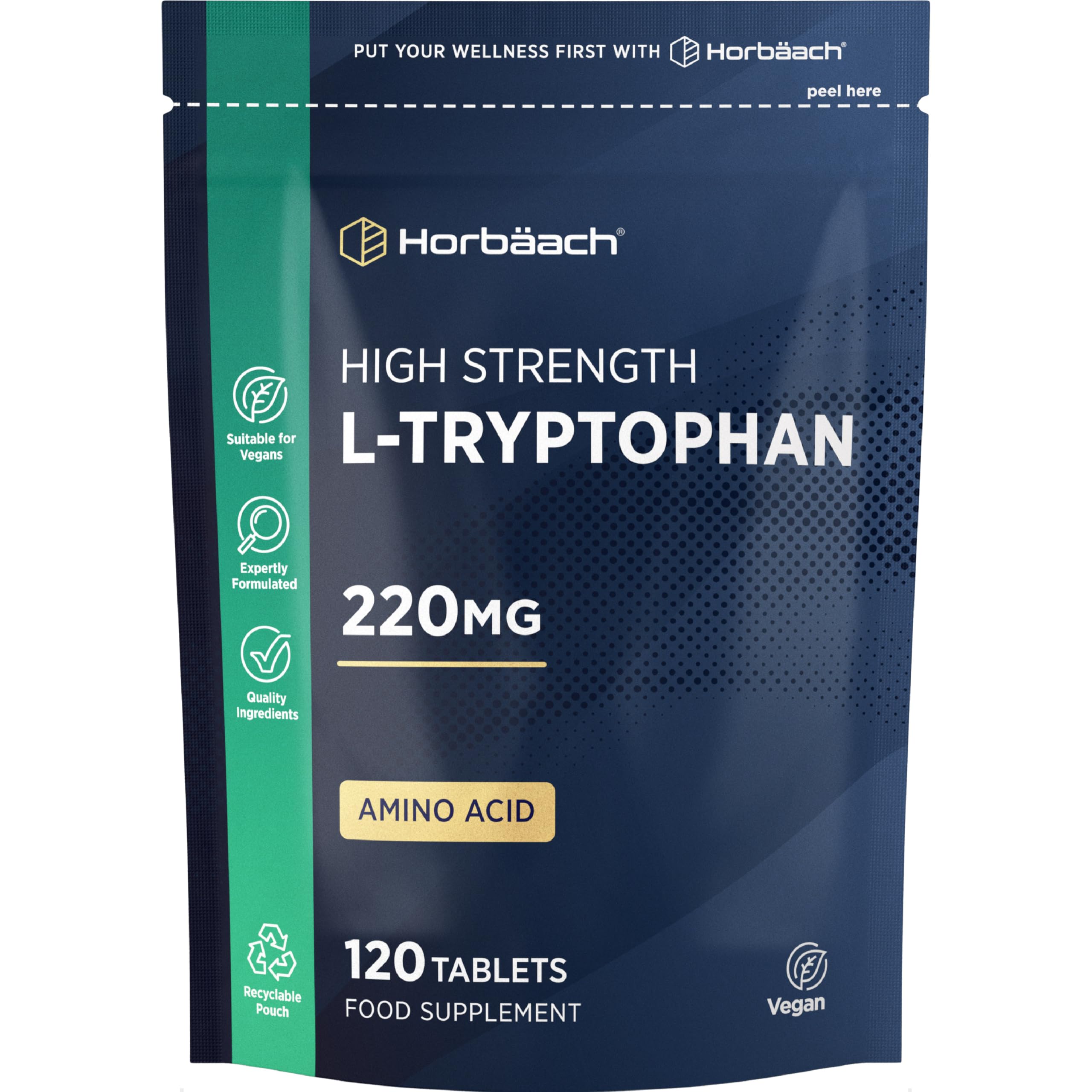 L-Tryptophan 220mg | 120 Vegan Tablets | High Strength Amino Acid | Suitable for Vegetarians and Vegans | by Horbaach