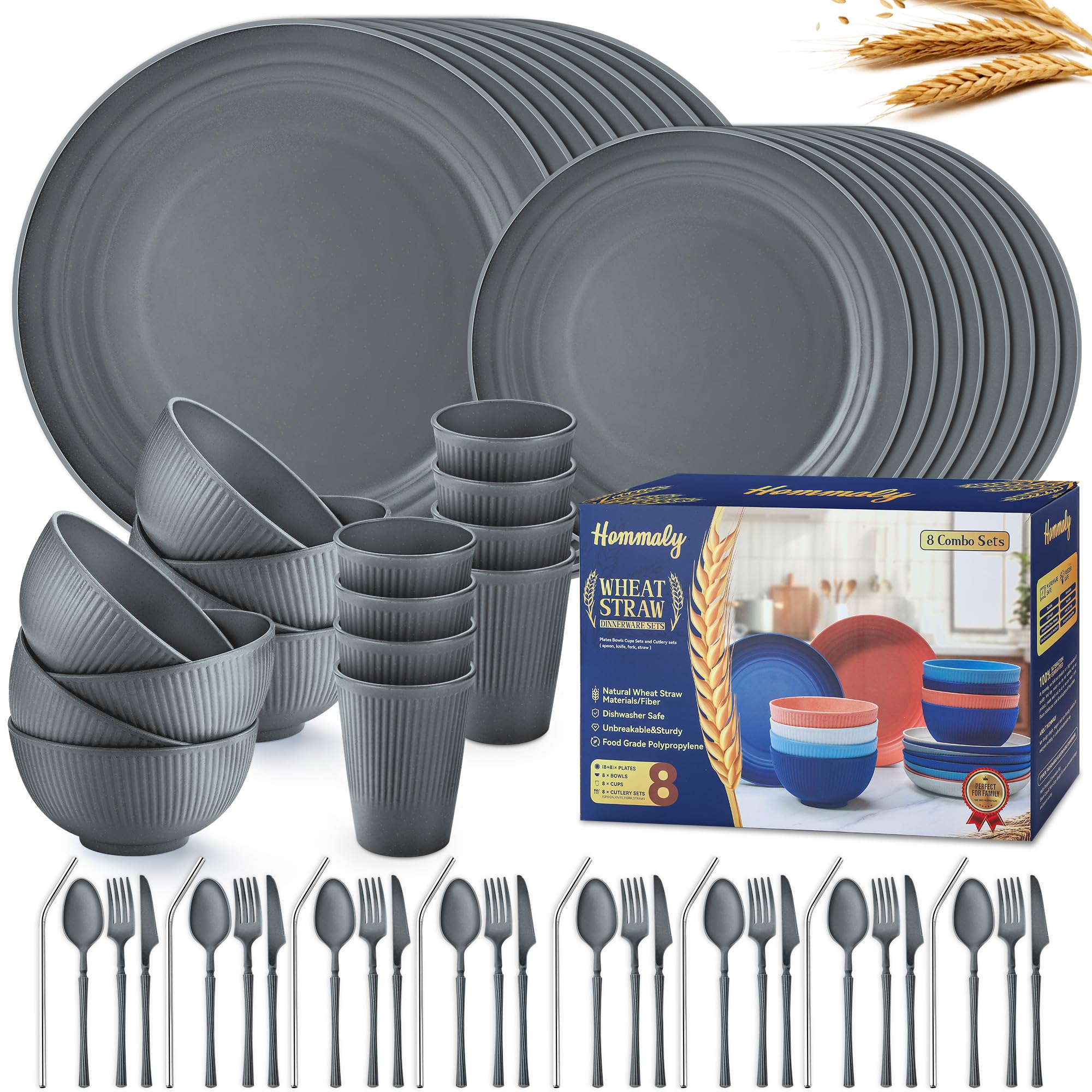 Wheat Straw Dinnerware Sets,64-Piece Plates and Bowls Sets for 8-Unbreakable,Reusable Plastic Dish Set-Dinner Plate/Dessert Plate/Cereal Bowl/Cup/