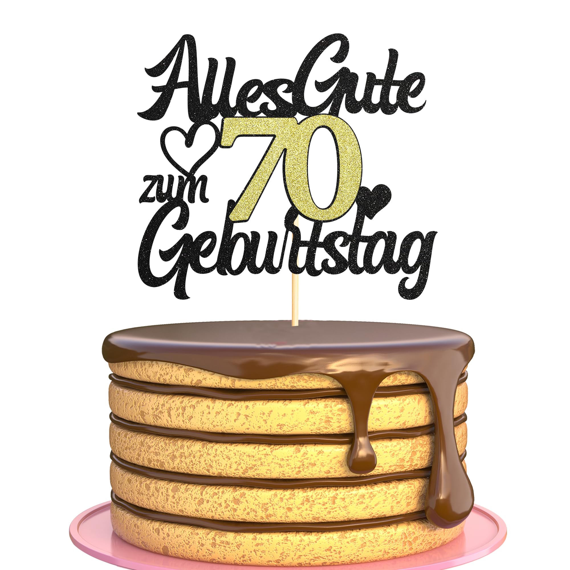 Sumerk Tortenaufsatz zum 70. Geburtstag Schwarz Goldener Glitzer Tortendekoration zum 70. Geburtstag Party Dekoration – 1 Stück