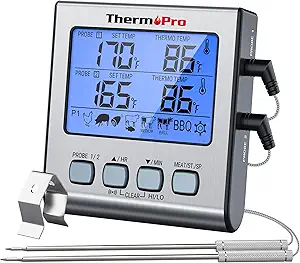 ThermoPro TP17 Dual Probe Digital Cooking Meat Thermometer Large LCD Backlight Food Grill Thermometer with Timer Mode for Smoker Kitchen Oven BBQ, Silver