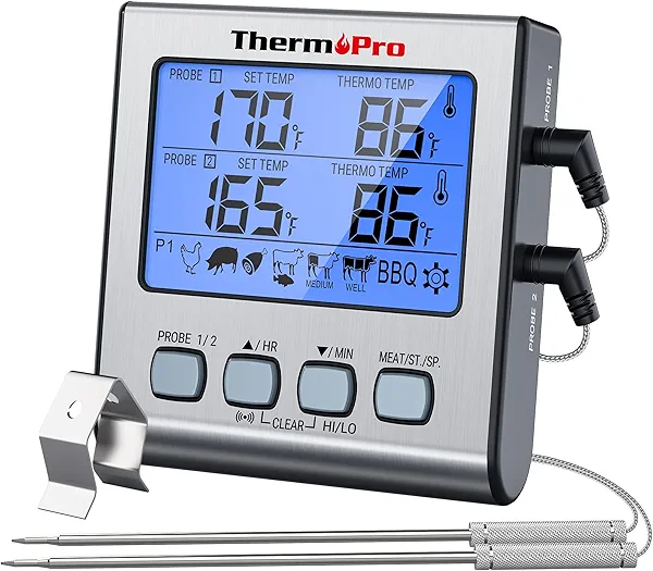 ThermoPro TP17 Dual Probe Digital Cooking Meat Thermometer Large LCD Backlight Food Grill Thermometer with Timer Mode for Smoker Kitchen Oven BBQ, Silver