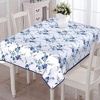 100% Cotton 6 Seater Dining Table Cover with Piping, Floral,145 cm X 220 cm,Blue and White