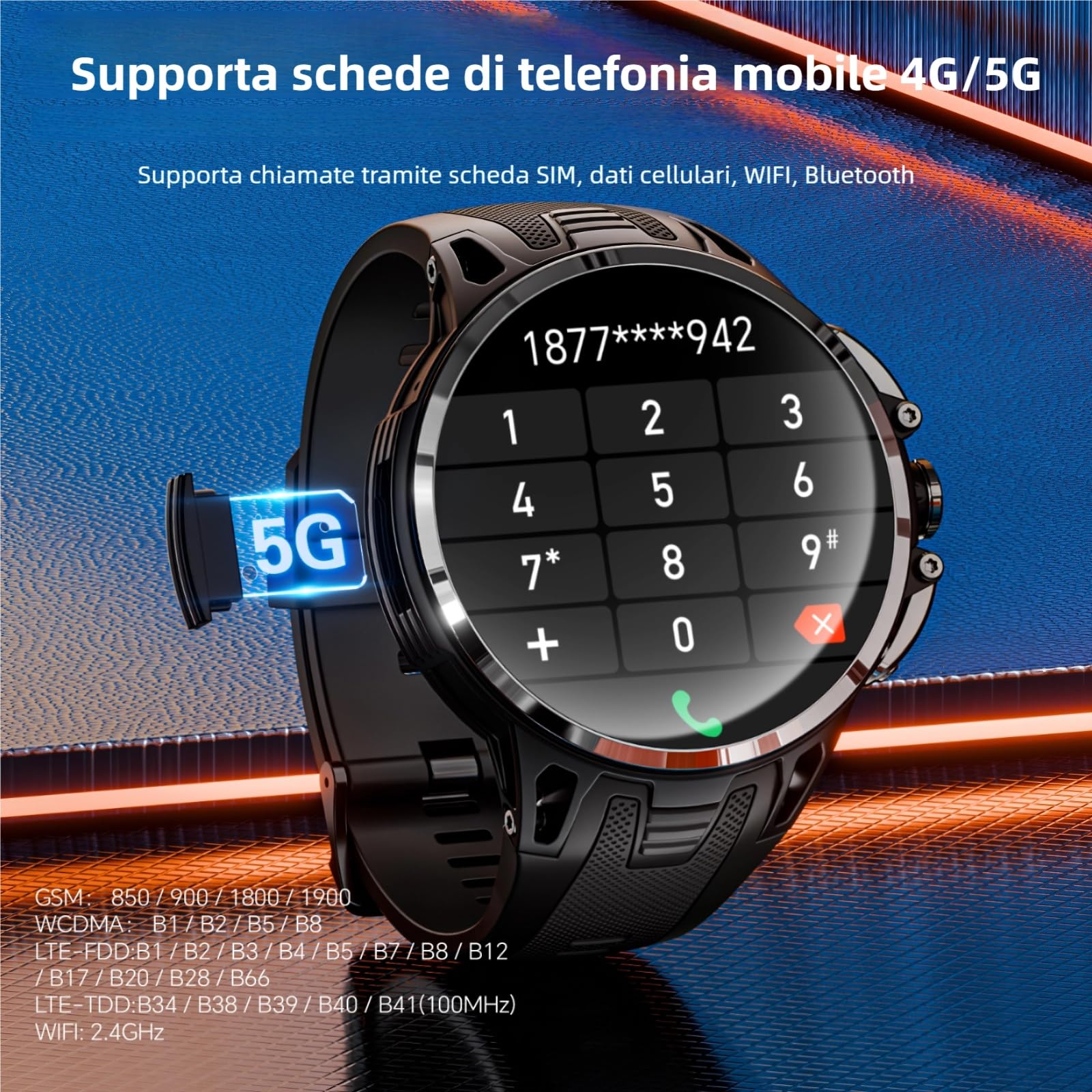 LOKMAT 4G Android Smart Watch, schermo AMOLED da 1,75'', 3 GB + 32 GB, tracker di attività fisica sportiva, smartwatch per uomo e donna, con slot per scheda SIM, fotocamera rotante, GPS, WiFi (nero)