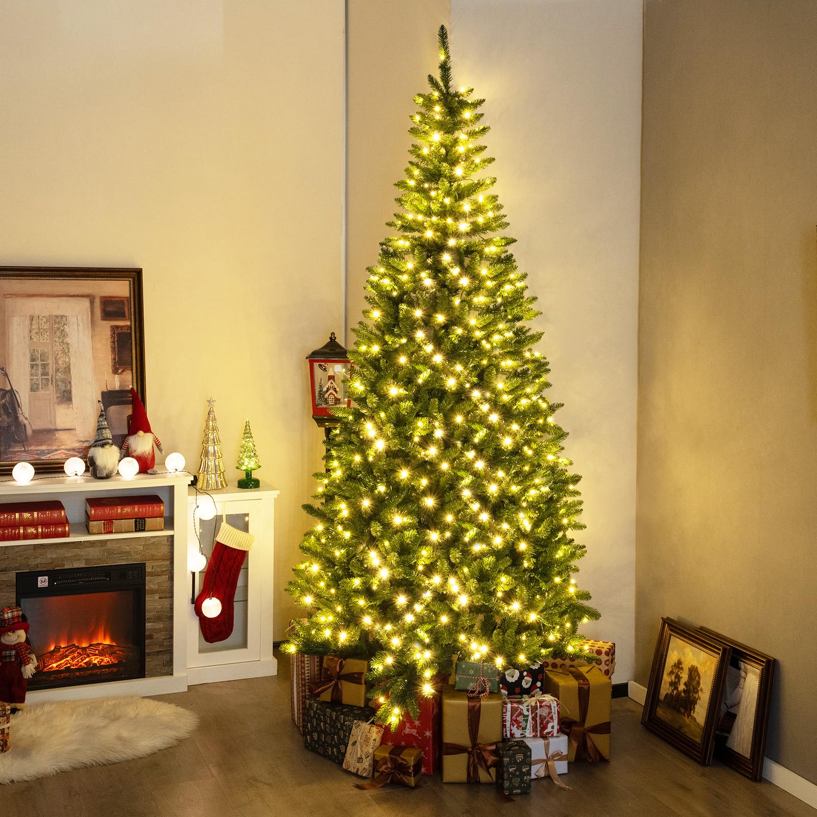 COSTWAY Árbol de Navidad Artificial Verde 240 cm, arbol de Navidad con Luces Incorporadas, 1137 Ramas de PVC, 360 Luces LED, 270° de Esquina, Arvore de Natal Hogar Oficina Fiesta