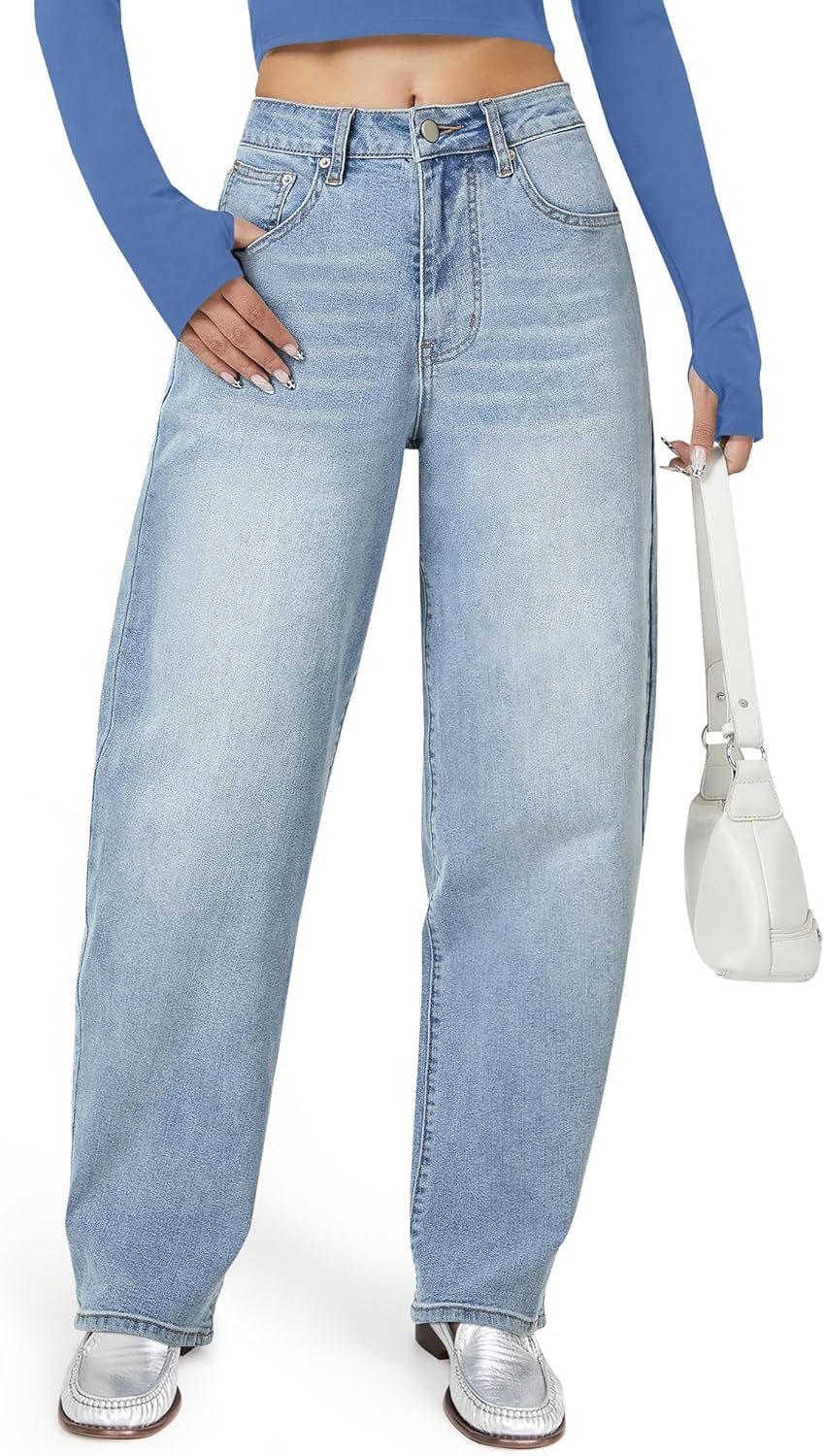 AUWUKA Barrel Jeans for Women, High Waisted Wide Straight Leg Boyfriend Microelastic Womens Mom Jeans