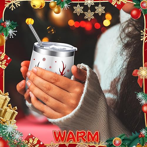 Miniatura 7 de 6 vasos de vino de acero inoxidable de Navidad de 12 onzas, vaso de vino aislado divertido con tapa, popote y cepillo, tazas de vino aisladas para