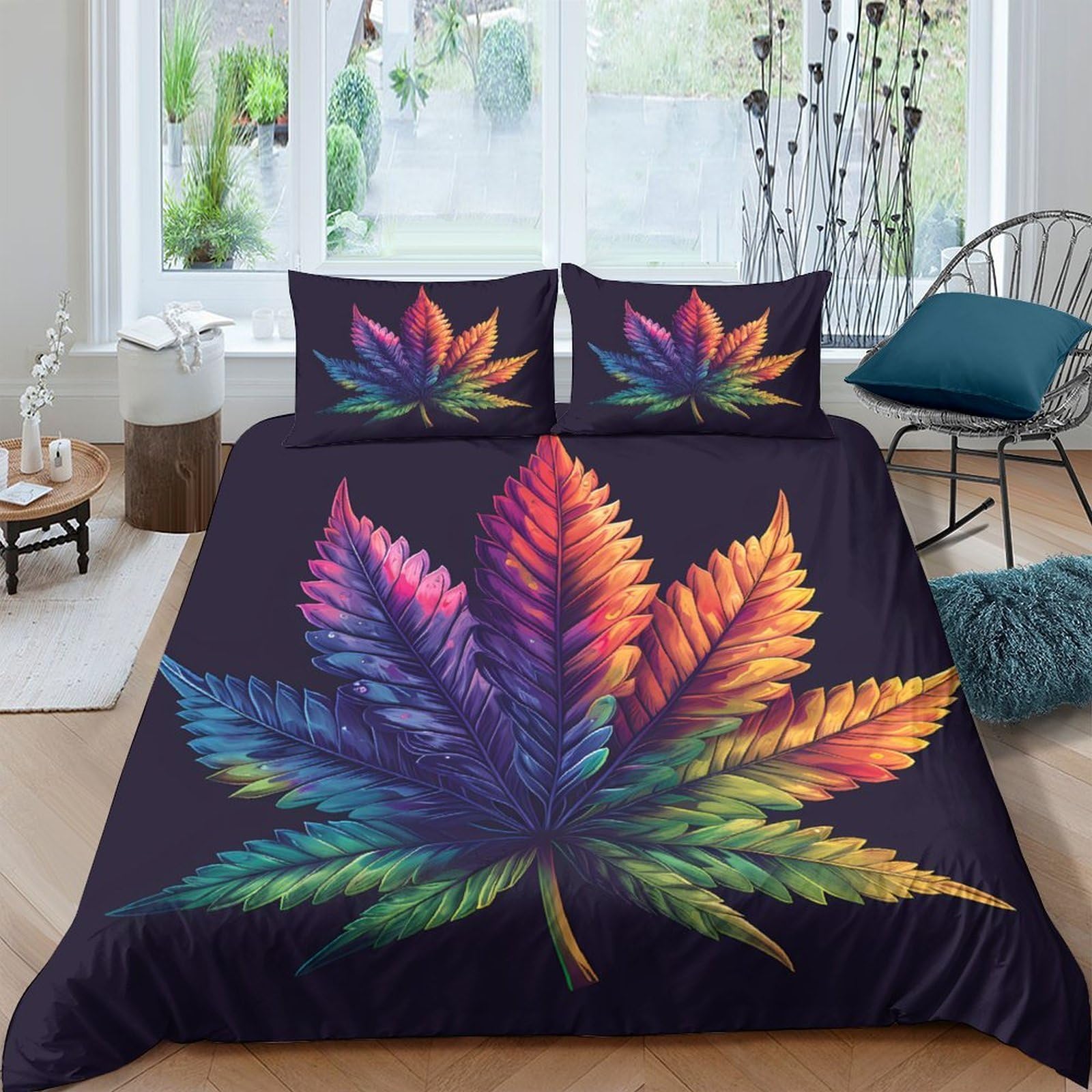 Ctjqhvkz Style-6 3D Printed Rainbow Leaf Fitted Sheet Microfiber Soft Multicolor Botanical Mattress Cover For Bedroom Guest Room Dorm Mattress Decor Single（135X200cm）