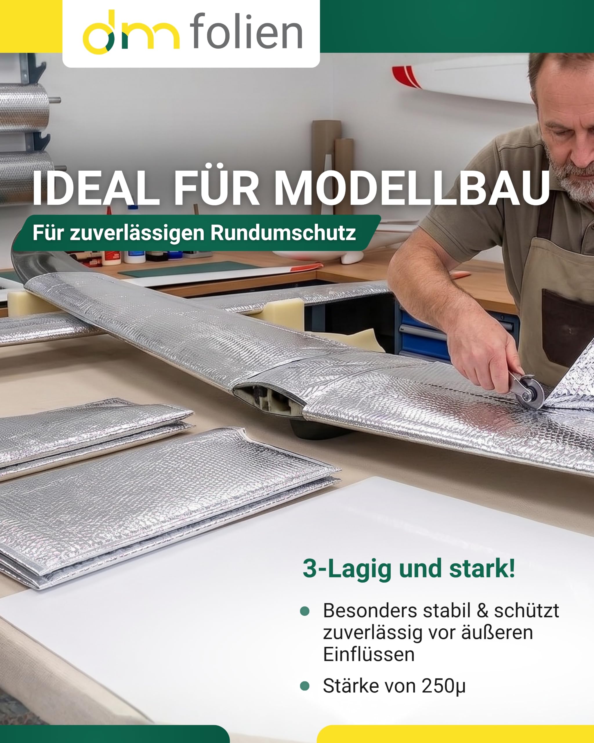 dm-folien Luftpolsterfolie alukaschiert I 120 cm x 50 m = 60 m² I 3-lagige & reißfeste Thermofolie I 250 my Isolierfolie für Modellbau, Flügeltaschen, Transport & Schutz empfindlicher Teile
