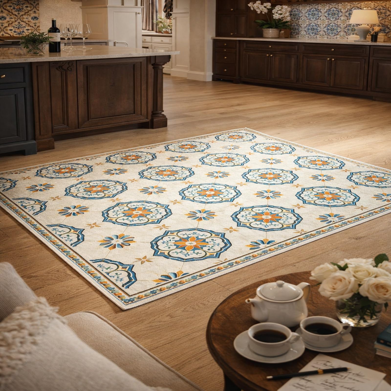 Alfombra sala de estar azul tradicional Rururug lavable geométrica de pelo corto interior