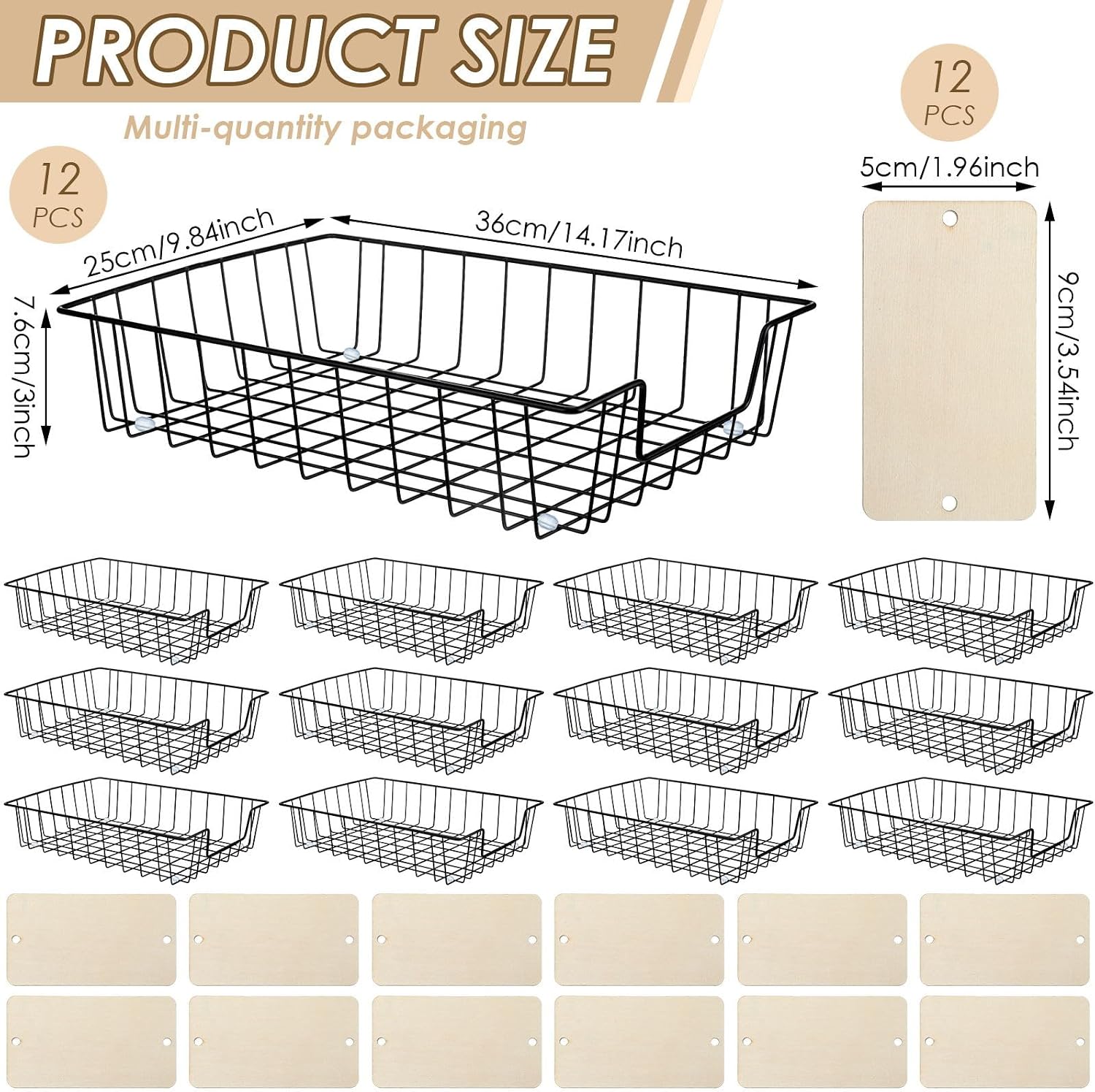 Kigley 12 Pack Wire Paper Baskets for Organizing, Metal Desktop File Organizer, Office Document Storage Basket with Wooden Tags, Paper Trays for Classroom Home School Desktop, 14 x 10 x 3 Inch, Black