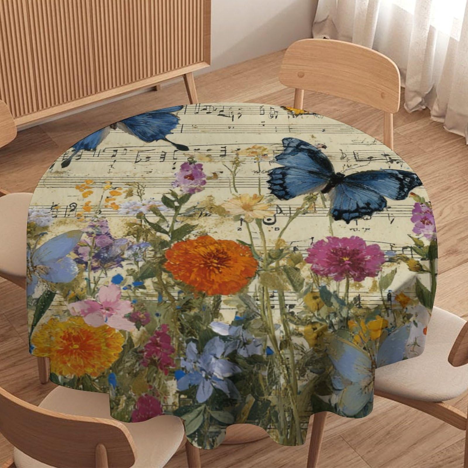 LUYYSKY Vintage Elegant Floral Butterfly Waterproof Round Tablecloth Rustic Realistic Flowers Animals Butterflies Music Notes Pattern Washable Table Cover for Kitchen-91.4" Wx91.4 L cm