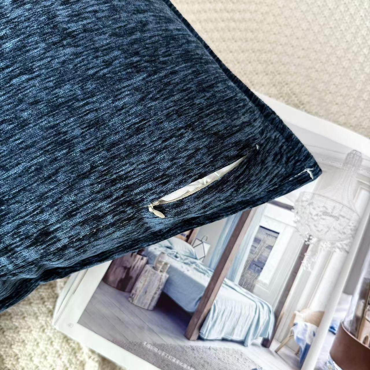 OYIMUA Soft Decorative Chenille Throw Pillow Covers Navy Blue 20x20 Set of 2 Boho Farmhouse Neutral Pillow Case for Couch Sofa Bedroom Living Room Home Decor Luxury Accent Pillows - Image 2