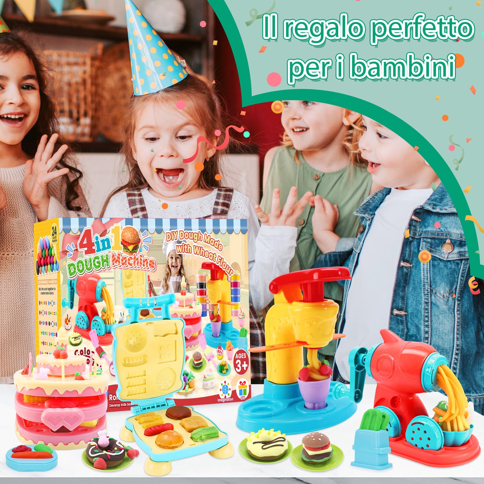 VBACALA Set Plastilina per Bambini 4 in 1-73 Pezzi,Kit Creativo con Accessori per Modellare Gelatiera, Hamburger, Torta e 24 Lattine di Argilla, Feste e Compleanni per Bambini 3+ Anni