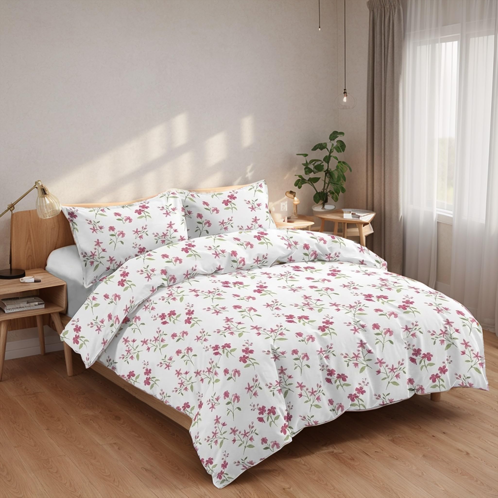 Juego de Funda Nórdica 4 Piezas Cama 135 Microfibra Extra Suave Transpirable - 1 Funda Edredón 220x220 cm, 1 Bajera 135x200+28 cm y 2 Fundas de Almohada 50x75 cm (Florecitas)