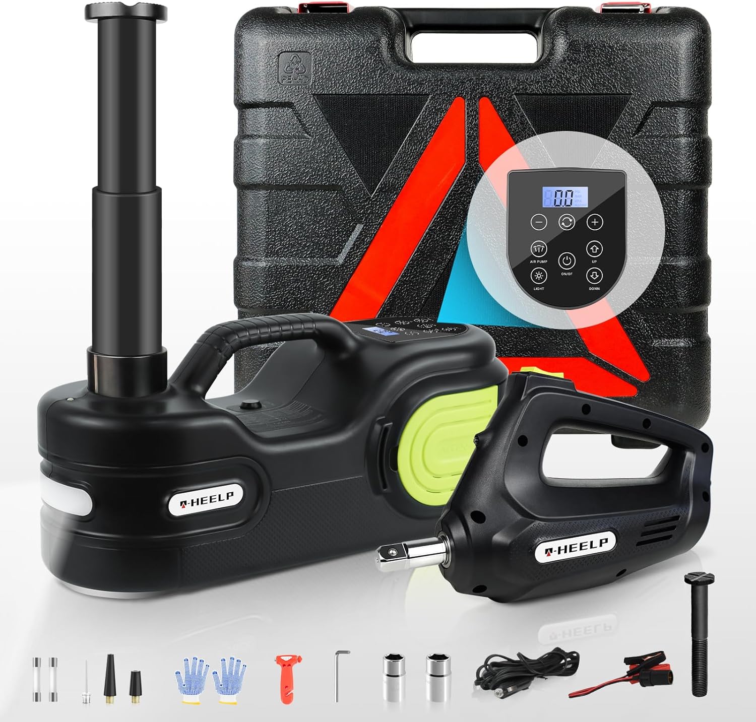 E-HEELP Electric Car Jack Kit 5T 12V Hydraulic Tire Jack with Double Cylinder Air Pump & LCD Touch Screen & Impact Wrench Portable Car Lift for Tire Changes and Roadside Emergencies