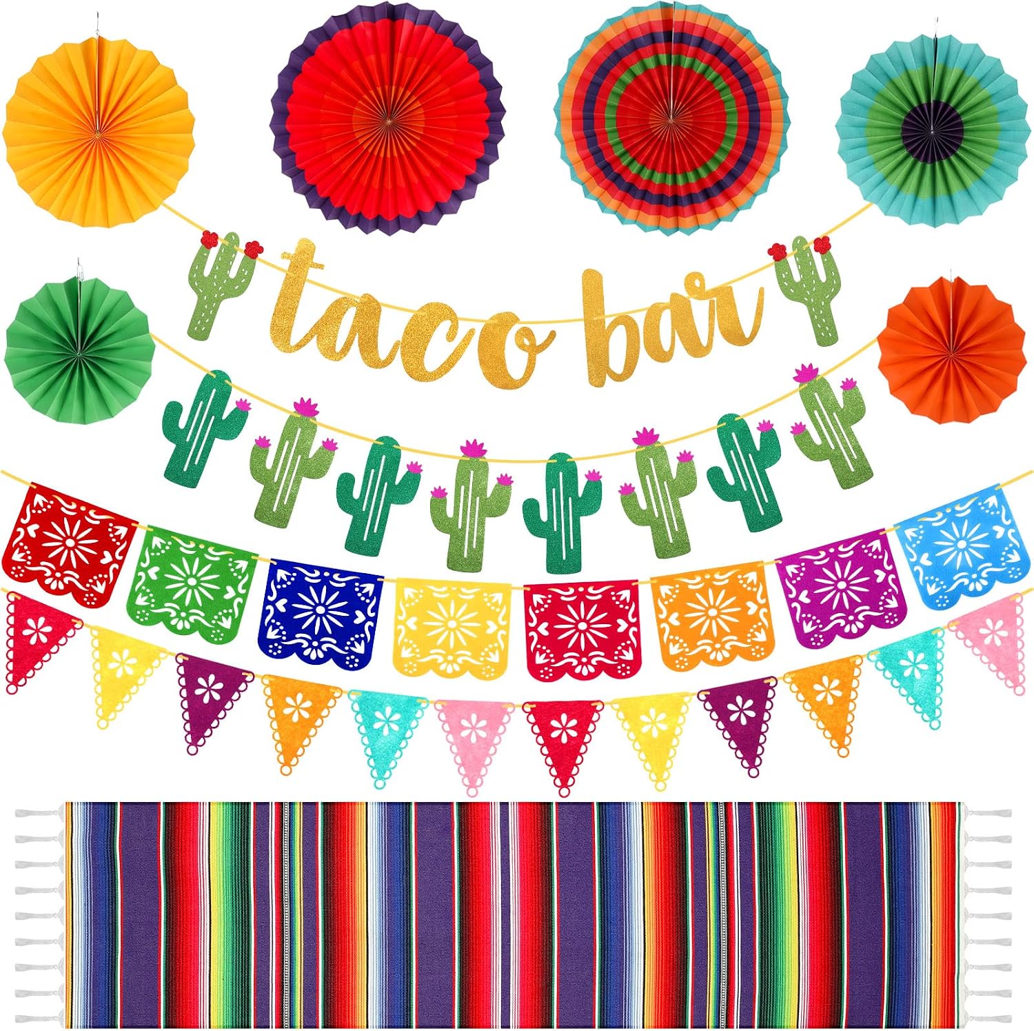 Tatuo 39 Pcs Cinco De Mayo Taco Bar Decoration Kit, Mexican Fiesta Party Decor, Taco Bar Cactus Banner Garland Serape Table Runner Fiesta Paper Fan Mexicano Picado Banner for Party Supplies (Purple)